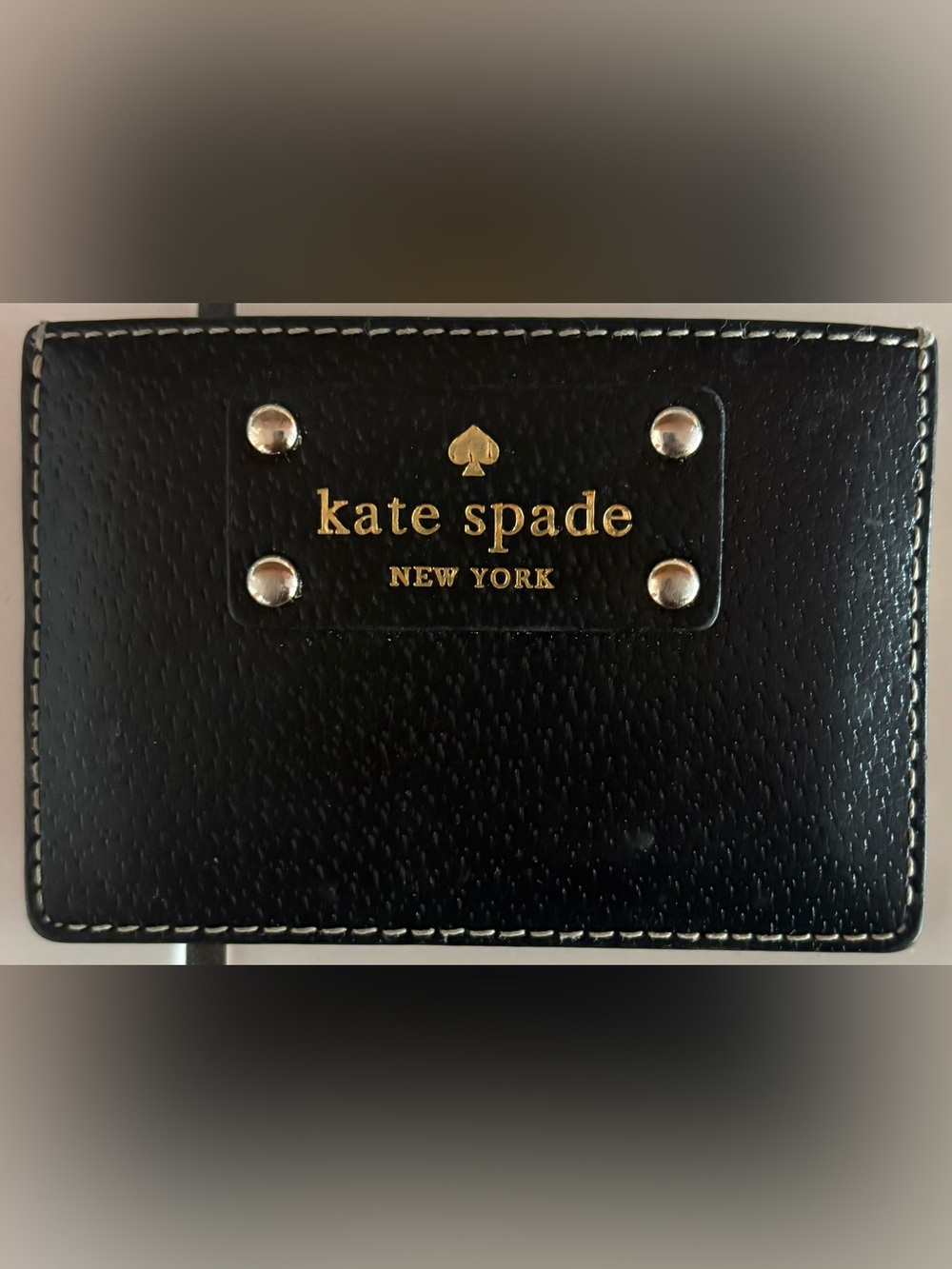 Kate Spade Black Leather Wallet Card Holder with Gold Logo and Silver Studs